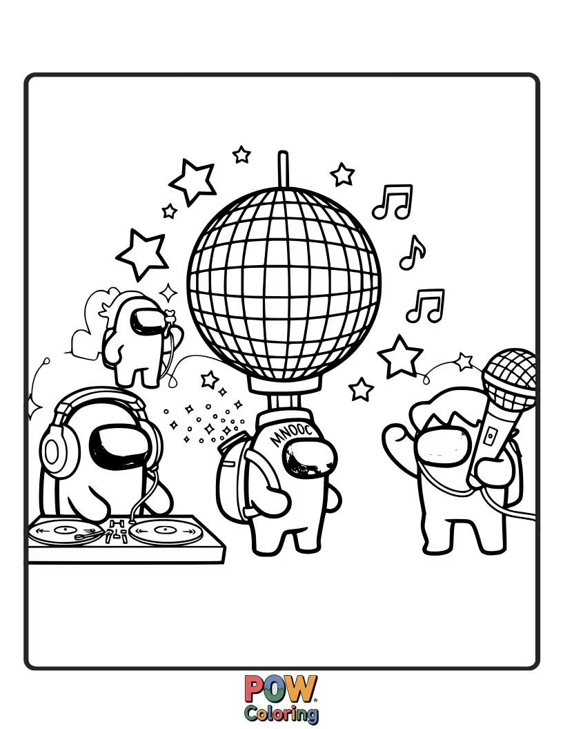Free coloring page of Crewmates trying to fix a malfunctioning disco ball that's spinning too fast.
