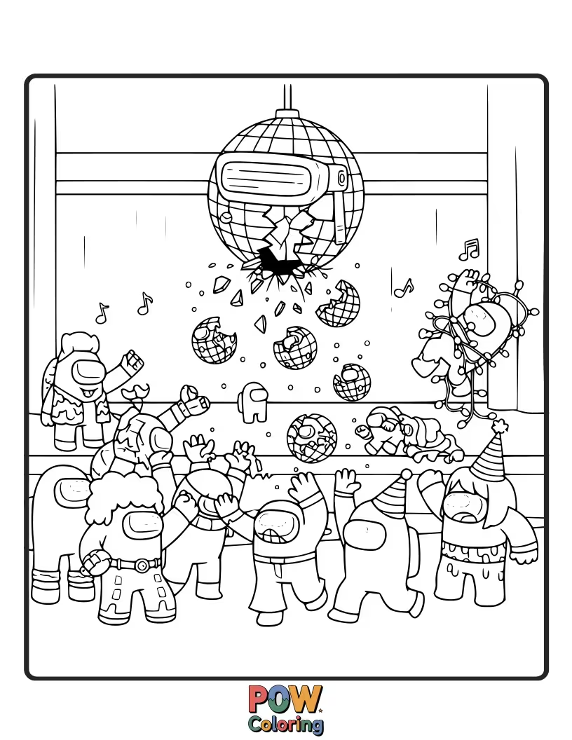 Free coloring page of A disco ball falling from the ceiling, causing a comical panic.