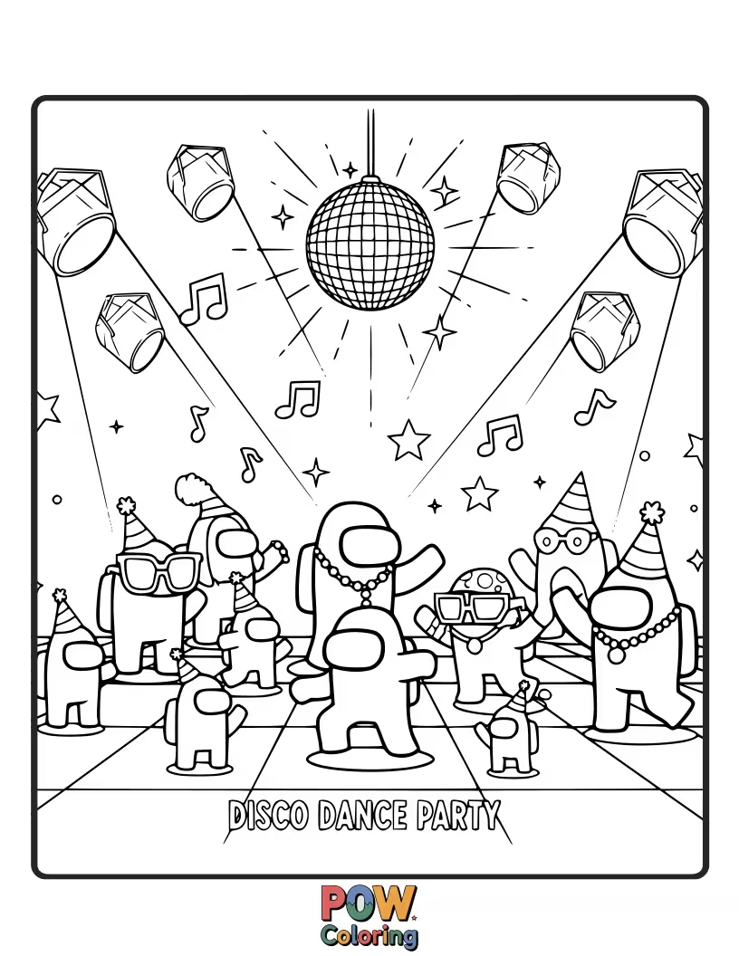 Free coloring page of Crewmates spontaneously breaking out into a hilarious disco dance party in the middle of a task.