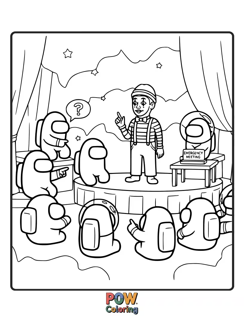 Free coloring page of A crewmate dramatically acting out a murder with mime poses during an emergency meeting.