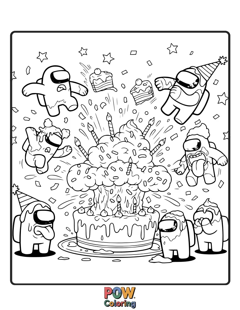 Free coloring page of A cake exploding with colorful confetti, making a mess during a task.
