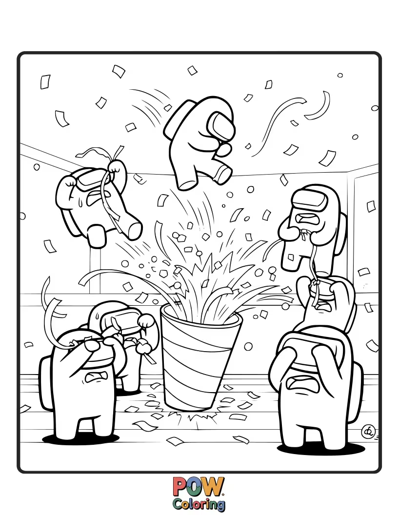 Free coloring page of A crewmate startled by a party popper going off unexpectedly.