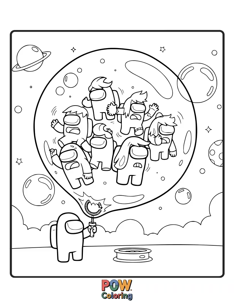 Free coloring page of Crewmates stuck inside a massive, iridescent bubble.