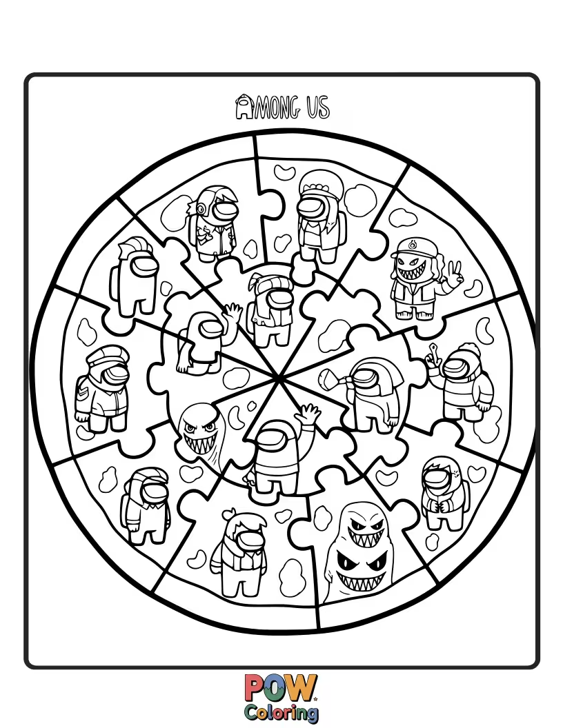 Free coloring page of Crewmates trying to assemble a massive, oddly shaped pizza as a task.
