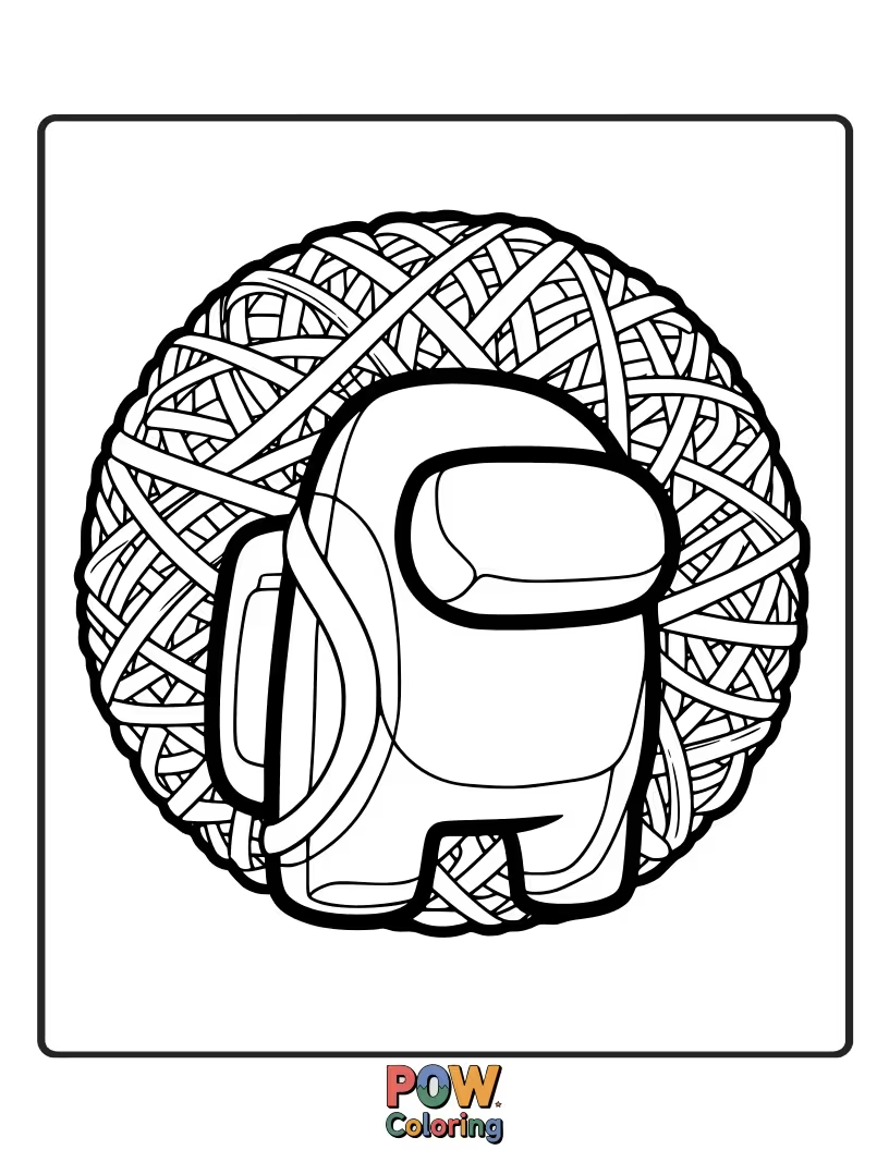 Free coloring page of Crewmates trying to move a massive ball made entirely of rubber bands.