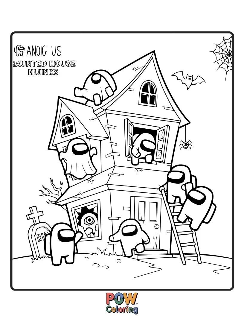 Free coloring page of An Among Us crewmate is hilariously scared by a tiny, friendly spider dangling from its hat.
