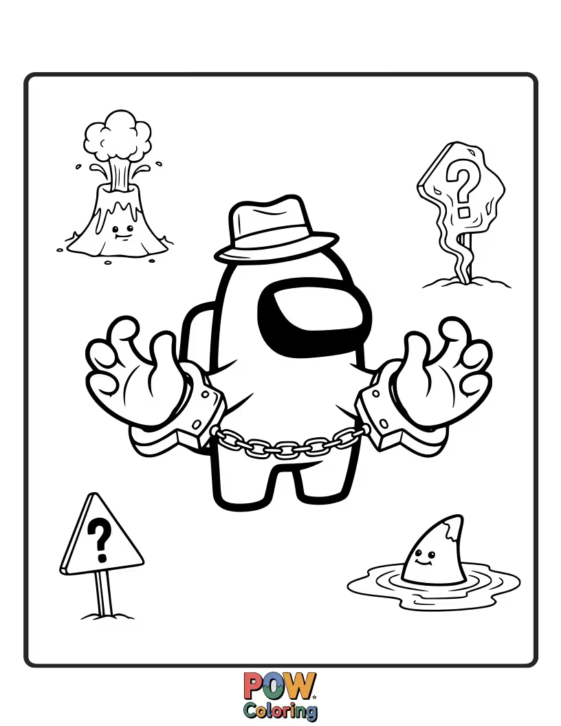 Free coloring page of An imposter trying to frame a crewmate by putting a hot dog in their handcuffs.