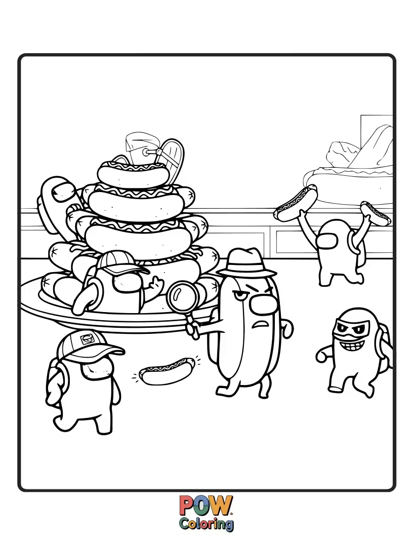 Free coloring page of An imposter attempting to steal a giant hot dog from the cafeteria fridge.