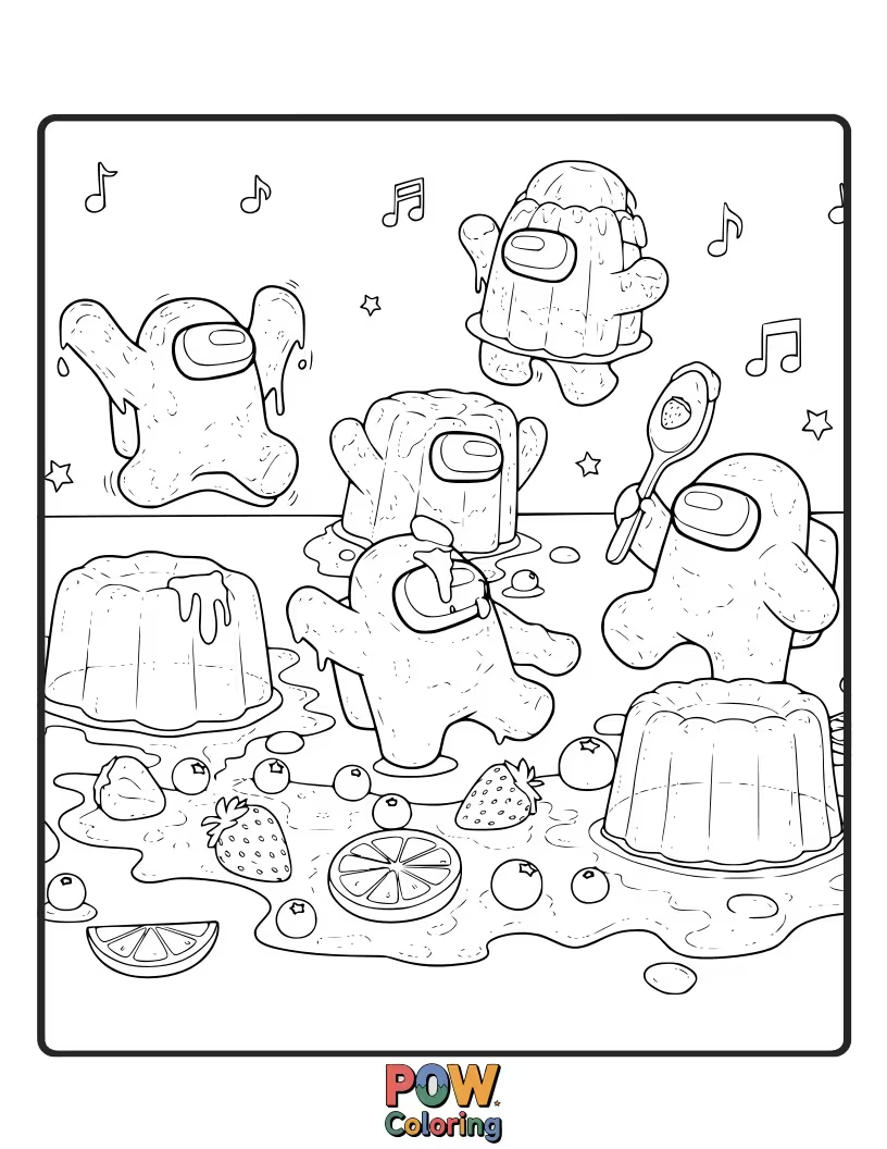 Free coloring page of Crewmates dancing and jiggling along with a giant bowl of Jell-O.