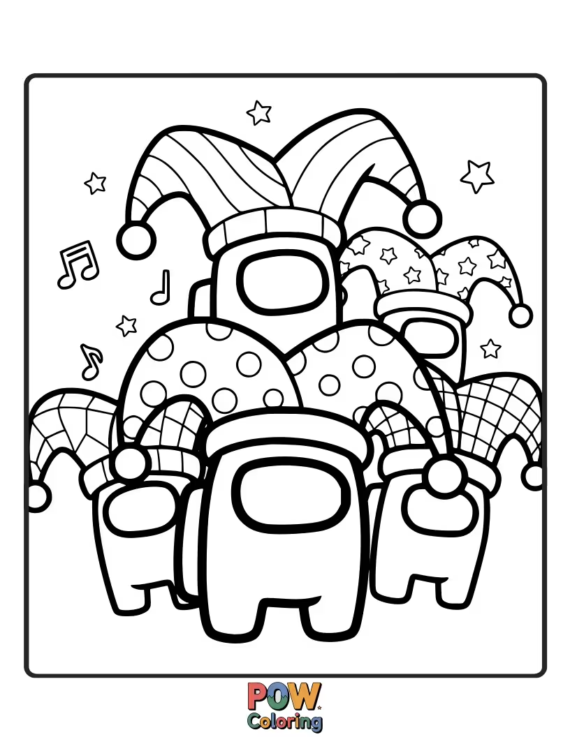 Free coloring page of A crewmate proudly wearing a jester hat, juggling colorful balls.