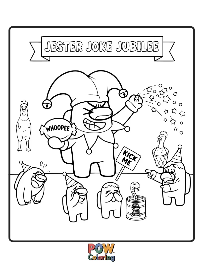Free coloring page of A jester crewmate telling a series of terrible jokes to the others.