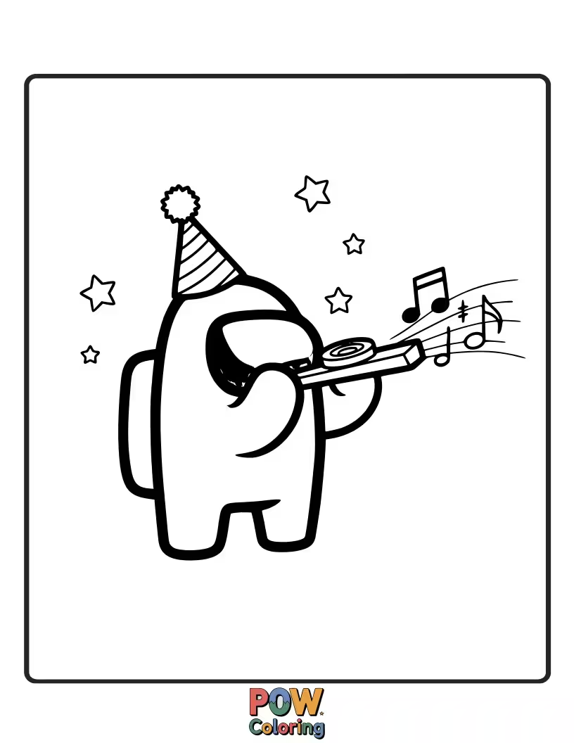 Free coloring page of A crewmate proudly playing a kazoo solo during a tense moment.