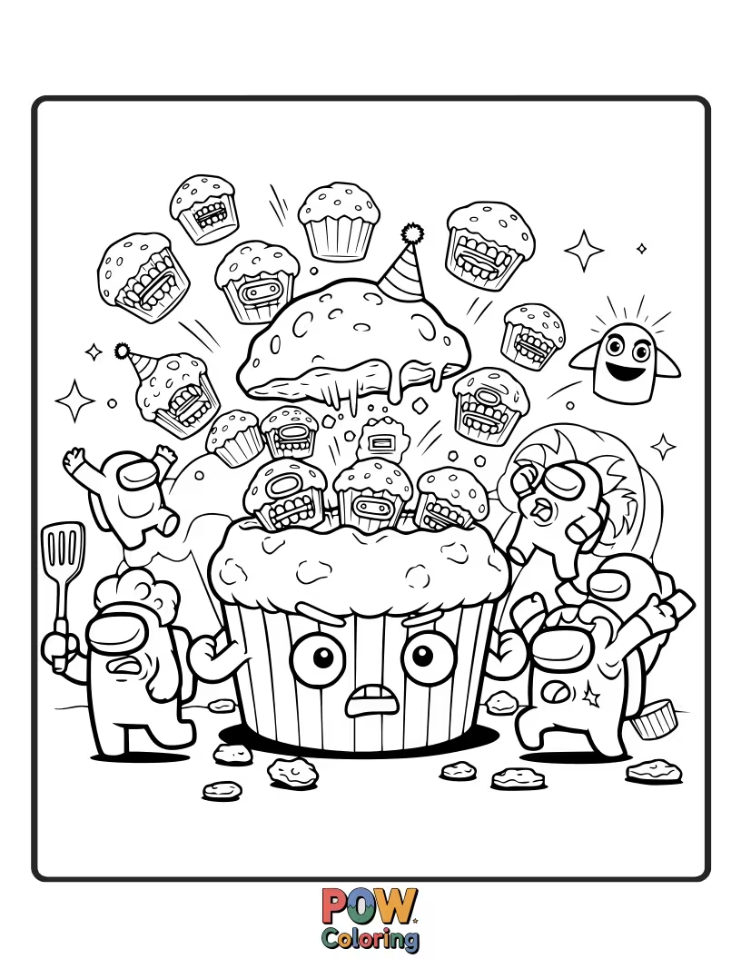 Free coloring page of A crewmate trying to carry a stack of muffins that are about to fall.