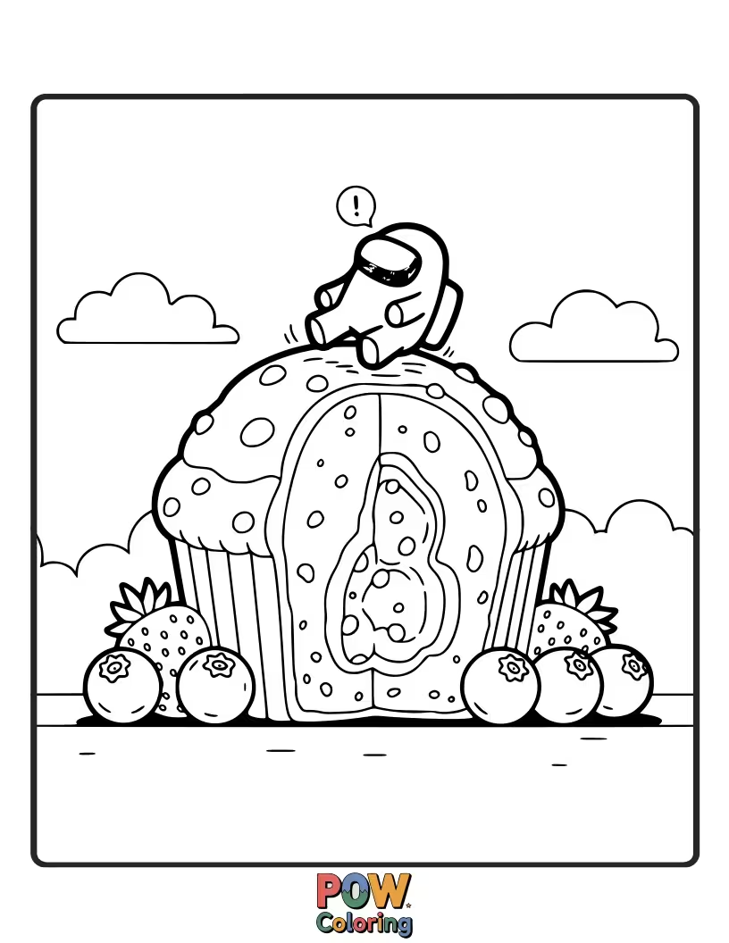 Free coloring page of A crewmate attempting to climb a precarious mountain of muffins.