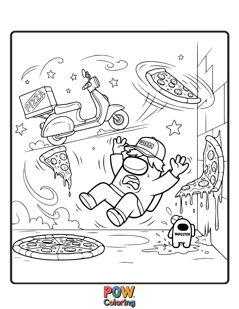 Free coloring page of An imposter disguised as a pizza delivery person causing chaos.