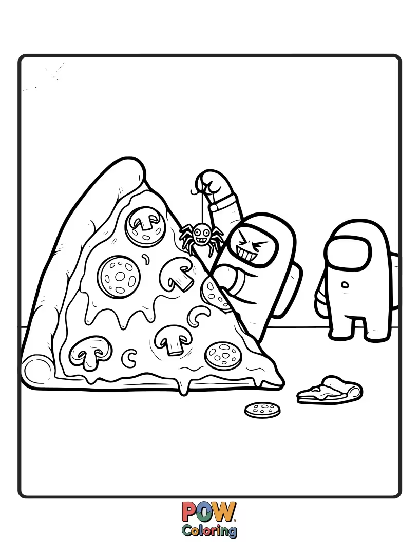 Free coloring page of An imposter secretly swapping a pizza slice for a rubber chicken.