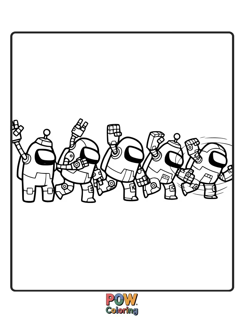 Free coloring page of Crewmates attempting a synchronized robot dance in a single file line.
