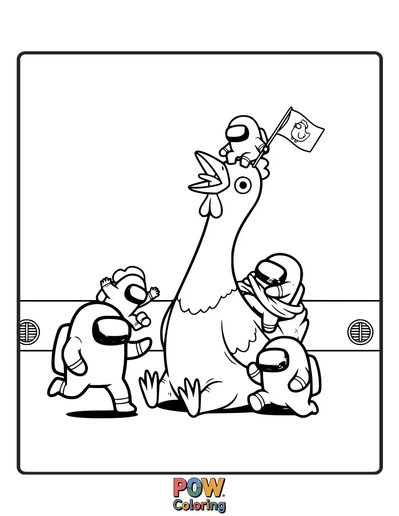 Free coloring page of A crewmate wielding a rubber chicken to chase away a sneaky imposter.