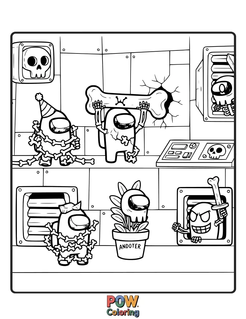 Free coloring page of An Among Us crewmate dressed as a skeleton is trying to do the moonwalk, but keeps tripping.