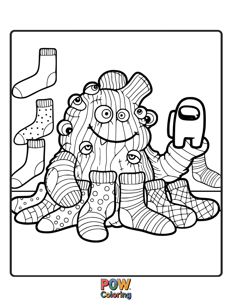 Free coloring page of A crewmate discovering a tiny sock monster hiding in their backpack.