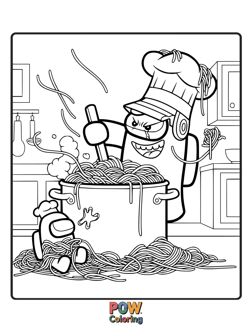 Free coloring page of An imposter trying to hide behind a giant pile of spaghetti in the cafeteria.
