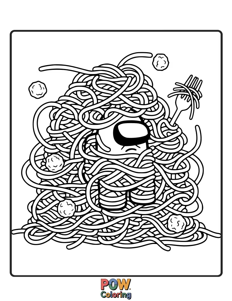 Free coloring page of Crewmates getting tangled up in a huge mess of spaghetti.