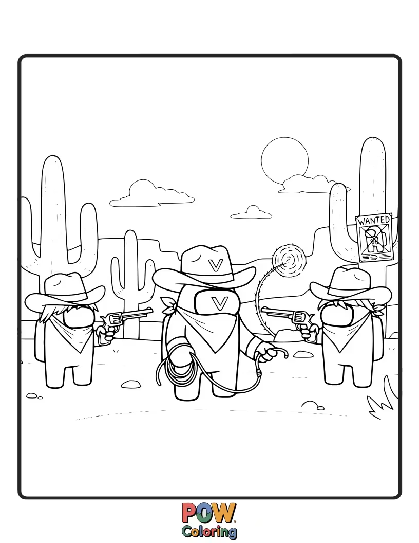 Free coloring page of Two crewmates having a dramatic stand-off with spaghetti noodles like cowboy guns.