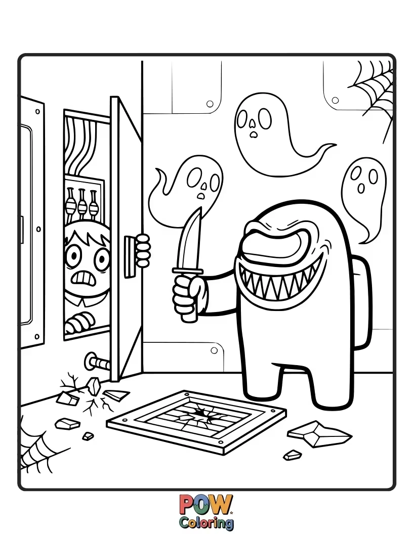 Free coloring page of An Among Us crewmate, dressed as a tiny vampire, is hilariously tangled in a web spun by a friendly spider.