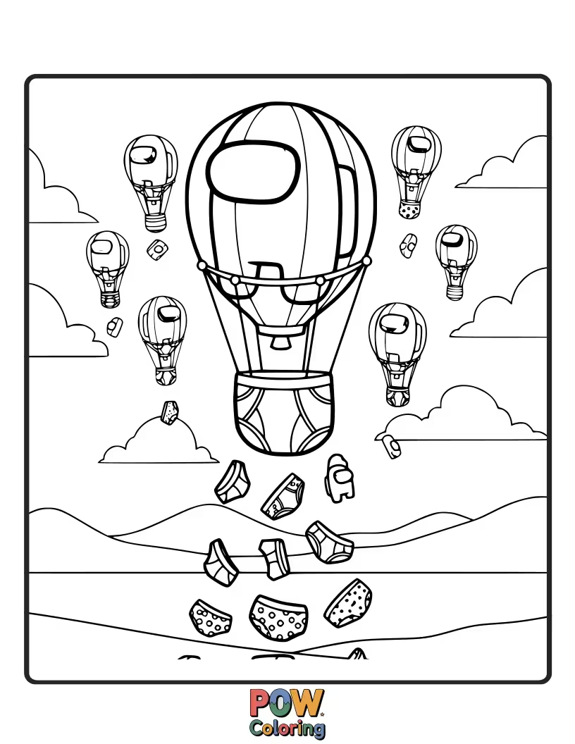 Free coloring page of Crewmates having a party with underwear tied to balloons.
