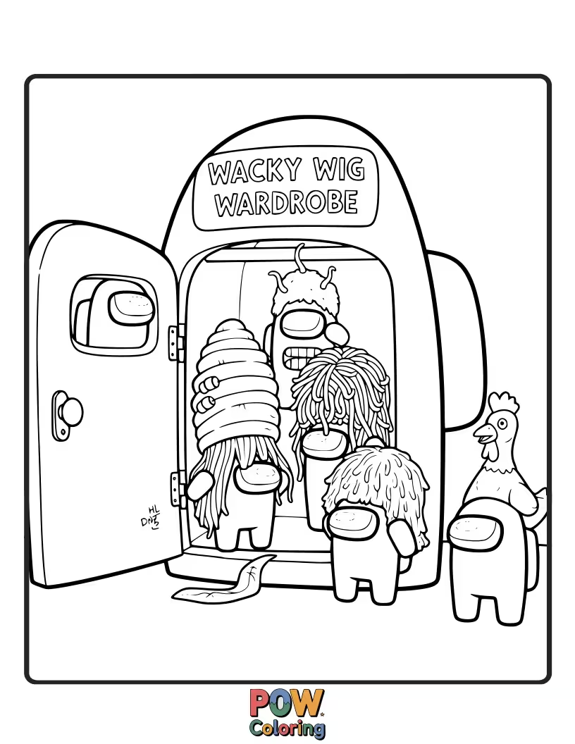 Free coloring page of Crewmates trying on a collection of hilarious, oversized wigs.