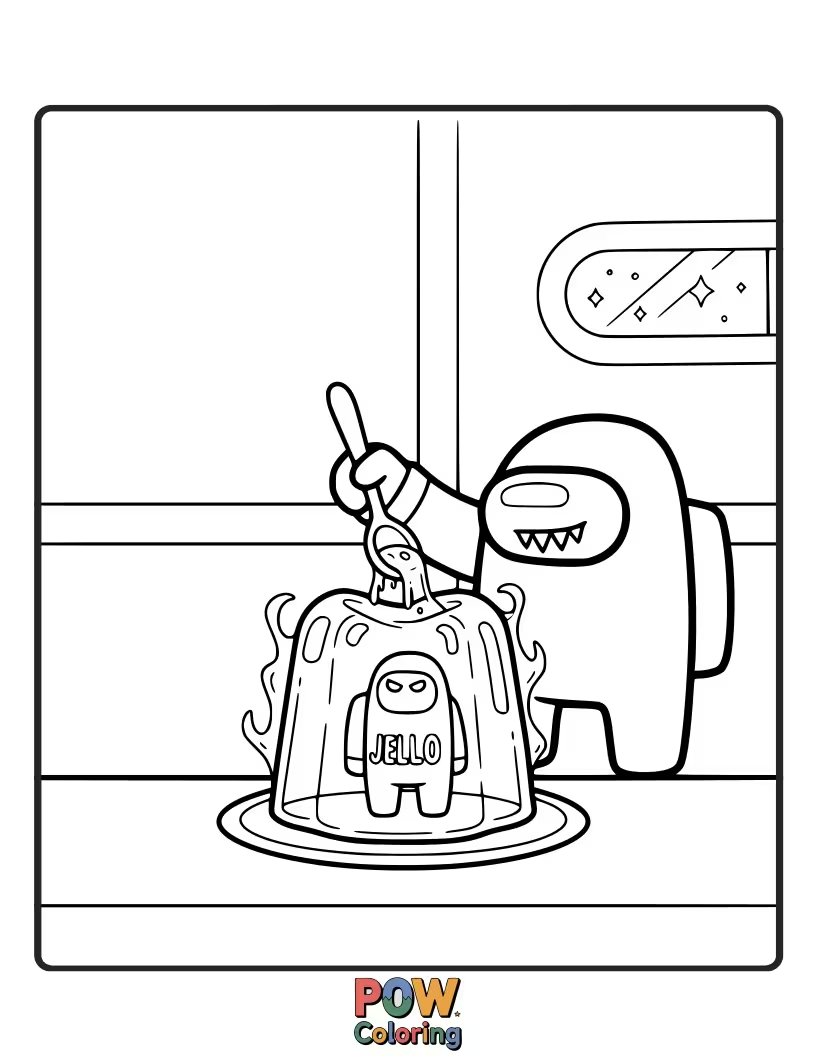 Free coloring page of Crewmates trying to complete a task involving a giant, wobbling bowl of Jell-O.