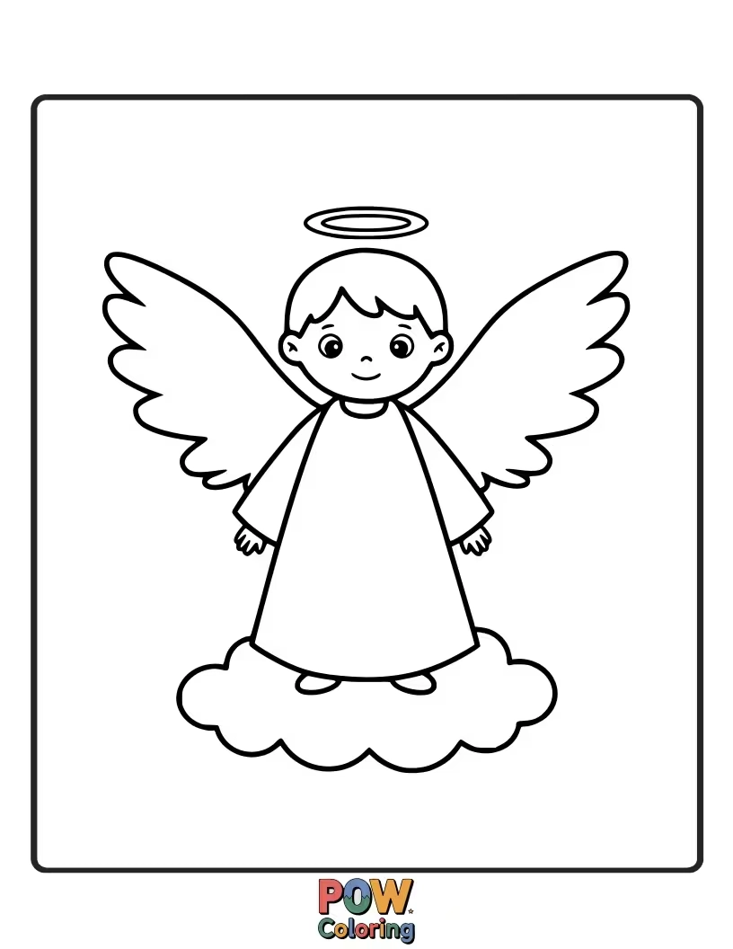 Free coloring page of A beautiful angel with outstretched wings, ready to be placed as the crowning glory of a Christmas tree. Elegant and serene.