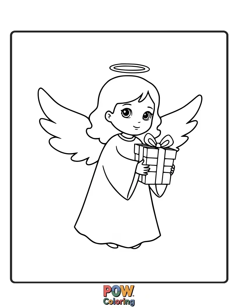 Free coloring page of A gentle angel holding a festive gift, symbolizing the spirit of giving during the holidays. Serene and thoughtful.