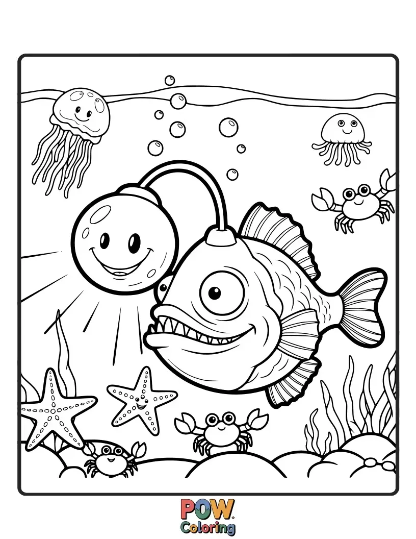 Free coloring page of A quirky anglerfish with an exaggeratedly large, glowing lure, attracting a curious clownfish. A touch of playful absurdity.