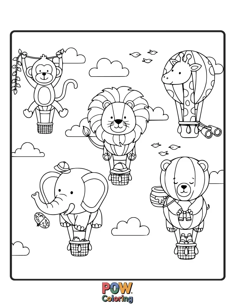 Free coloring page of Adorable animals like bunnies and bears joyfully pilot colorful hot air balloons through a starry night sky.
