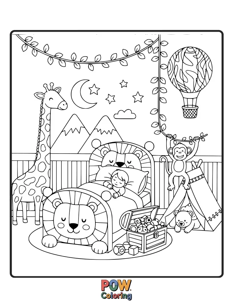 Free coloring page of Jungle vines, friendly safari animals, and a tent make this a wild and exciting exploration space.