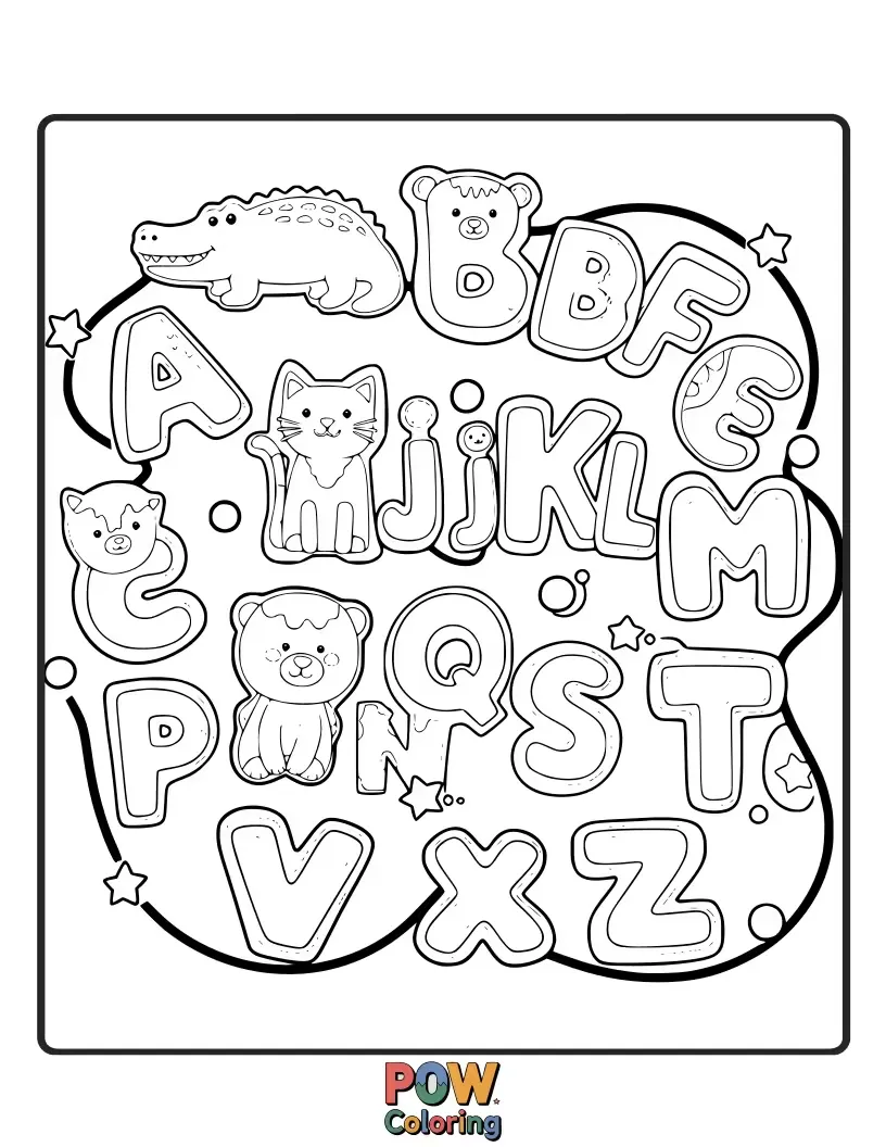 Free coloring page of Cute cookies featuring letters of the alphabet paired with adorable animal illustrations. Learn and color!