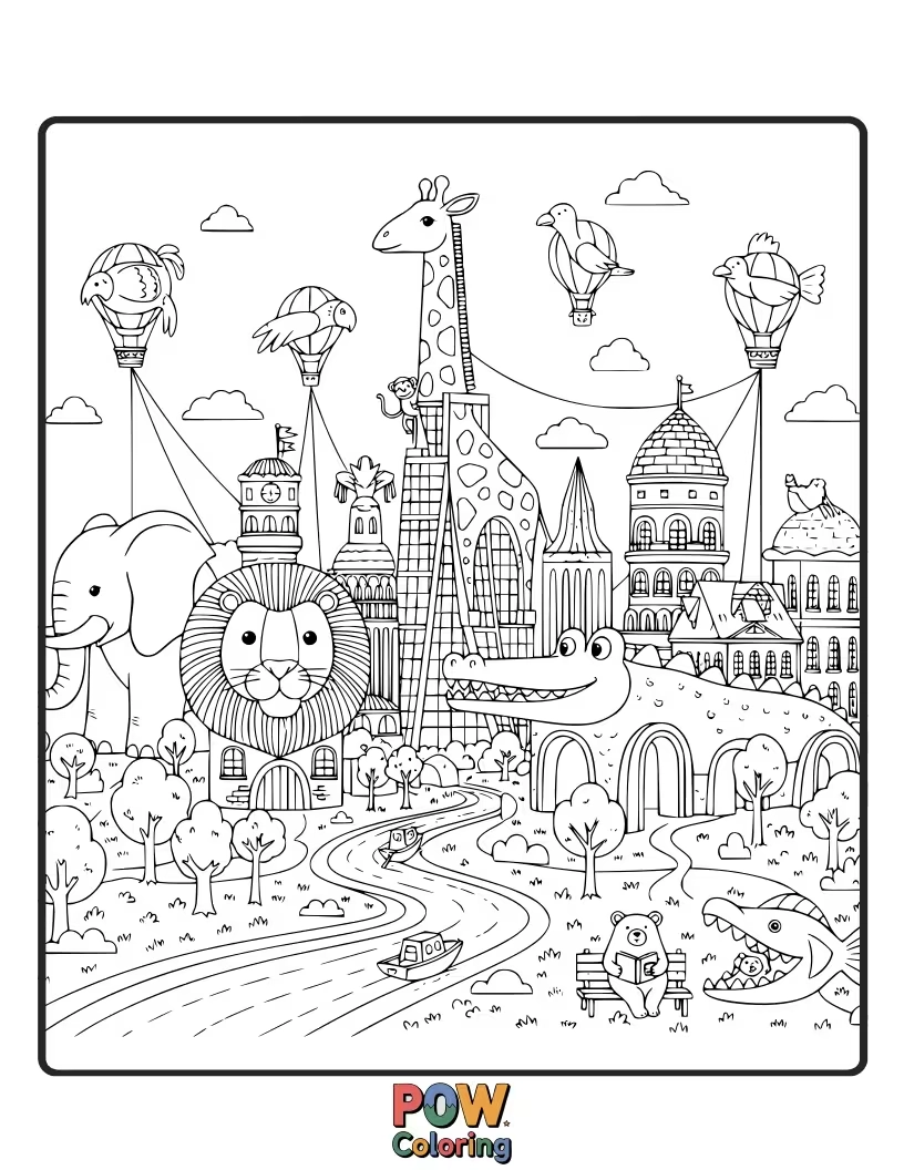Free coloring page of A grand city built by and for animals, with unique animal-themed architecture and bustling marketplaces.