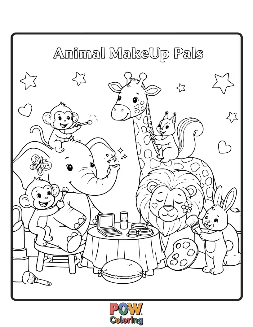 Free coloring page of Various cute animal faces decorated with colorful makeup. Create a parade of playful and beautifully adorned creatures.