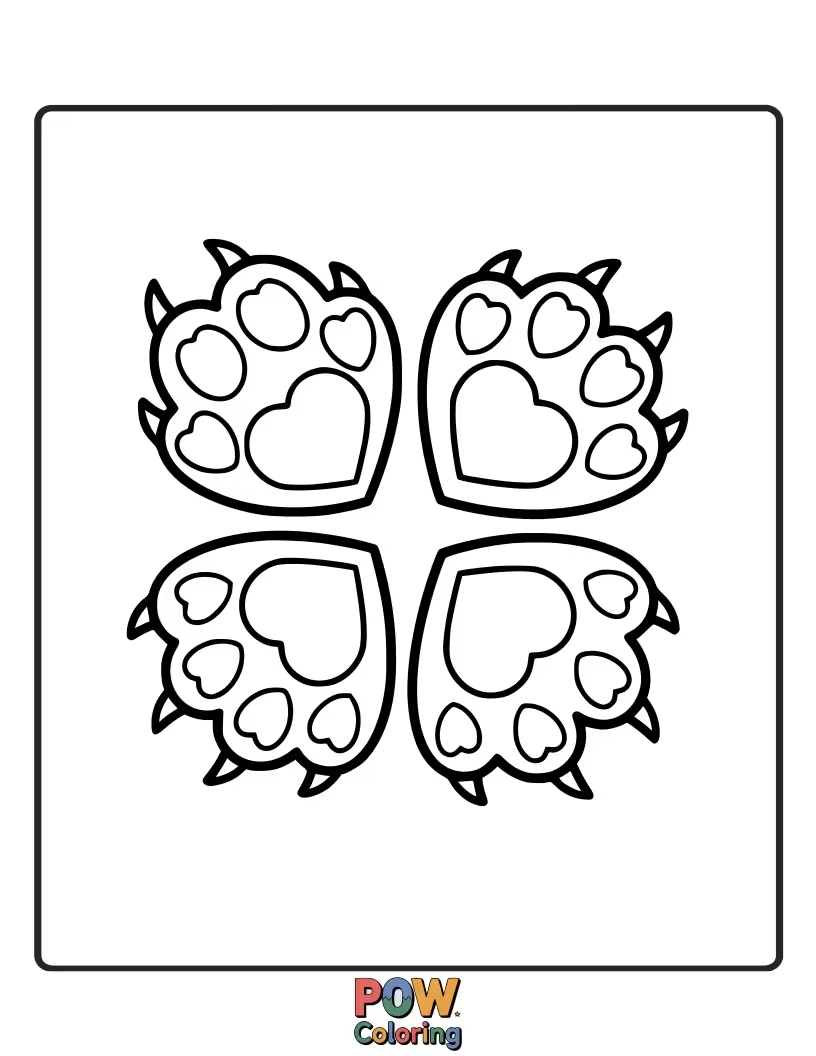 Free coloring page of Cute animal paws forming heart shapes, surrounded by playful paw prints. Pet lover's delight!