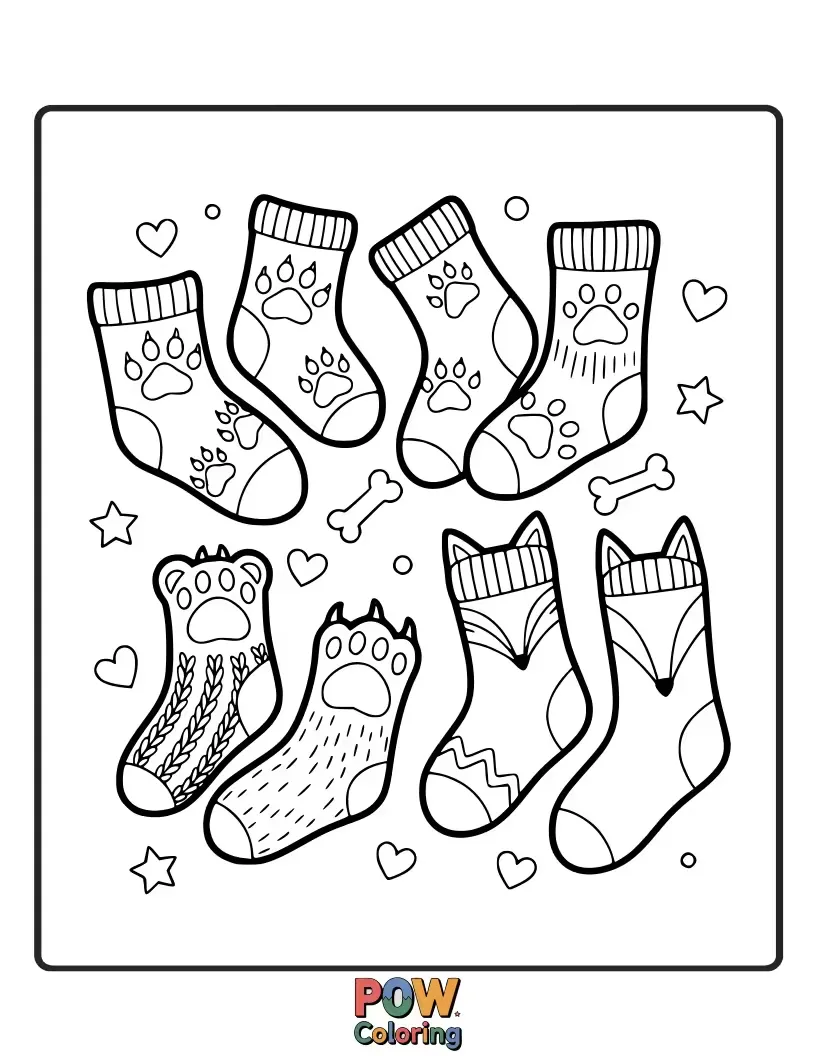 Free coloring page of Show your love for furry friends with these socks, adorned with a delightful pattern of various animal paw prints.