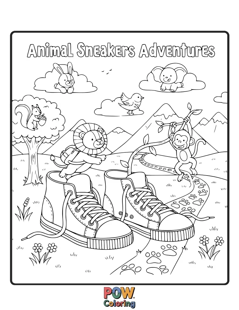 Free coloring page of The lion, monkey, bunnies is having a adventures with the sneakers in the jungle.