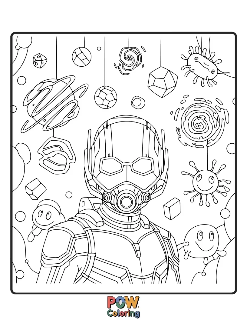 Free coloring page of Ant-Man exploring the bizarre and colorful landscapes of the Quantum Realm. Full of imaginative details.