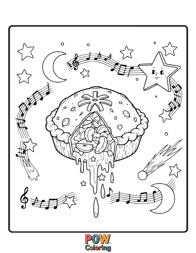 Free coloring page of A slice of apple pie under a starry sky, with musical notes floating around.