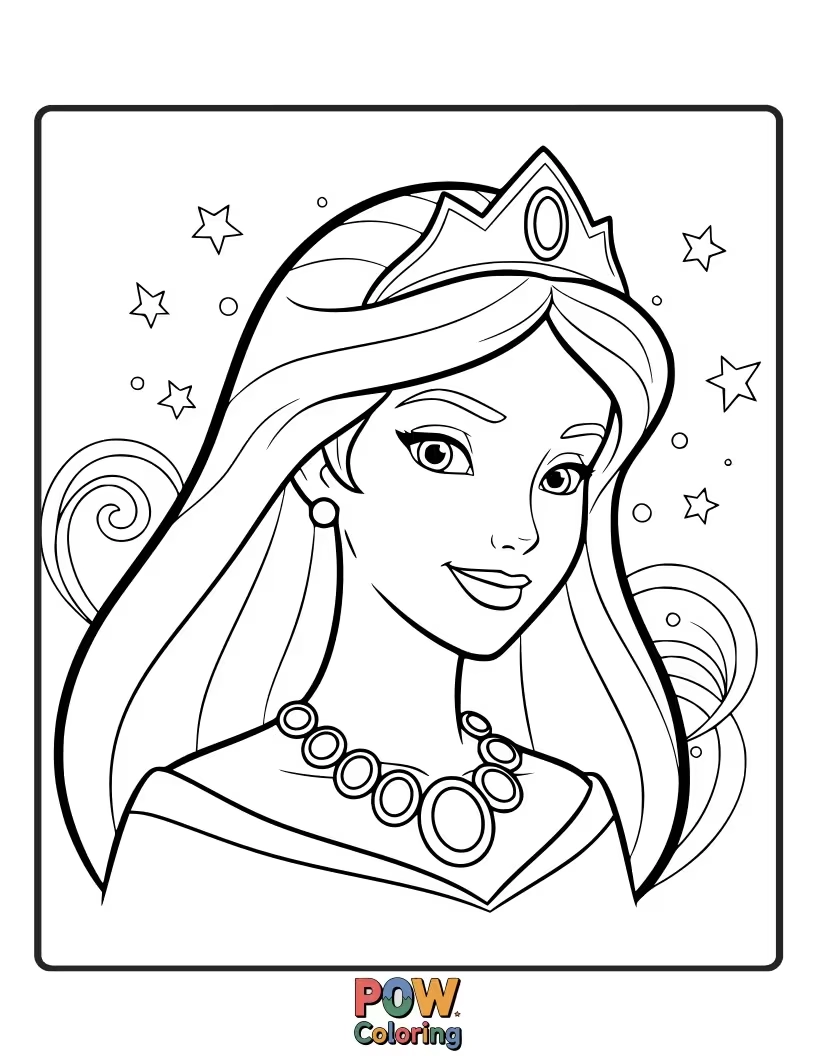 Free coloring page of A calm princess wearing a delicate aquamarine necklace, reminiscent of the sea.