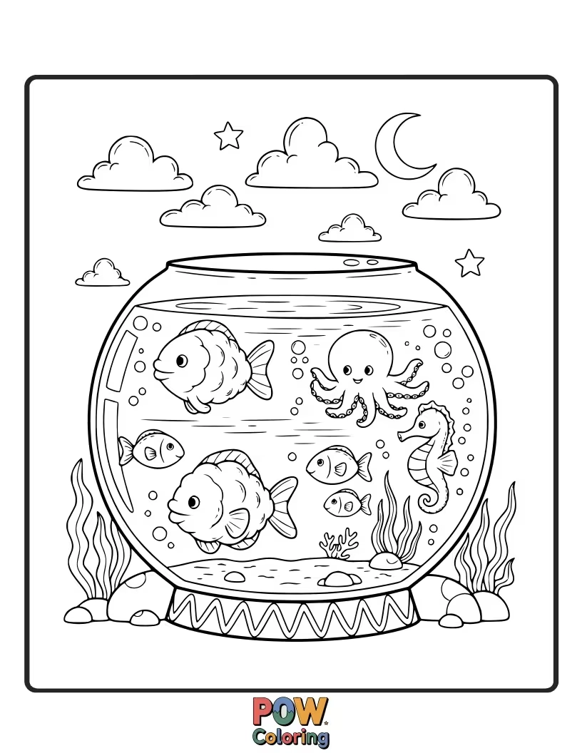 Free coloring page of Fish swim through fluffy clouds in an aquarium that mimics the sky. Color a dreamlike world where water meets air.