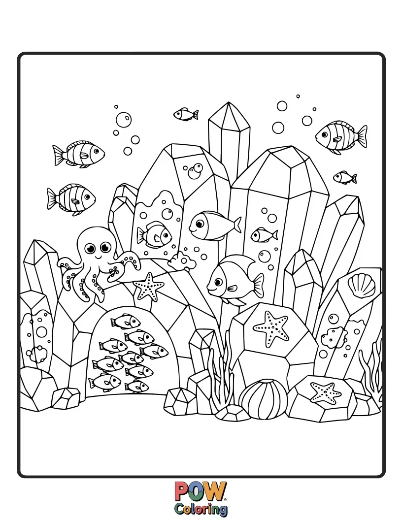 Free coloring page of Fish explore a cave filled with sparkling, colorful crystals. Illuminate this dazzling underwater grotto with your artistic touch.