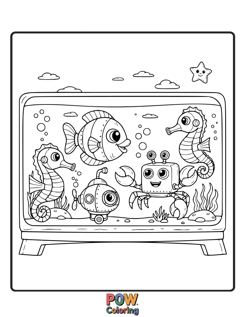 Free coloring page of Friendly robots designed to explore and care for the aquarium swim alongside playful fish. A futuristic underwater scene.