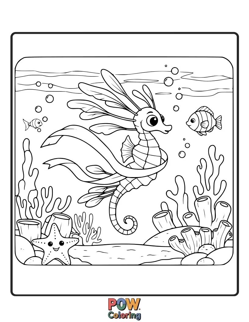 Free coloring page of Elegant seadragons perform a graceful dance amidst shimmering anemones. Capture their fluid movements and the ocean's magic.