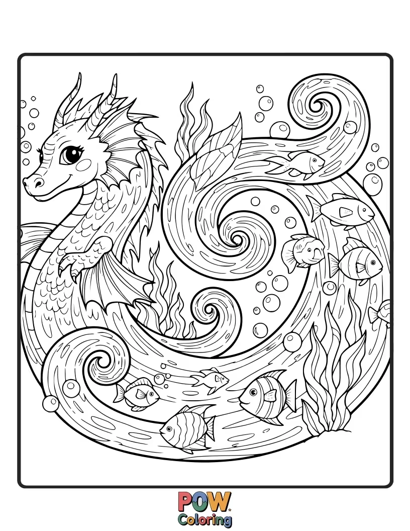 Free coloring page of Dragon fish with magnificent dragon-like tails create beautiful swirling patterns in the water. Capture the elegance of movement.